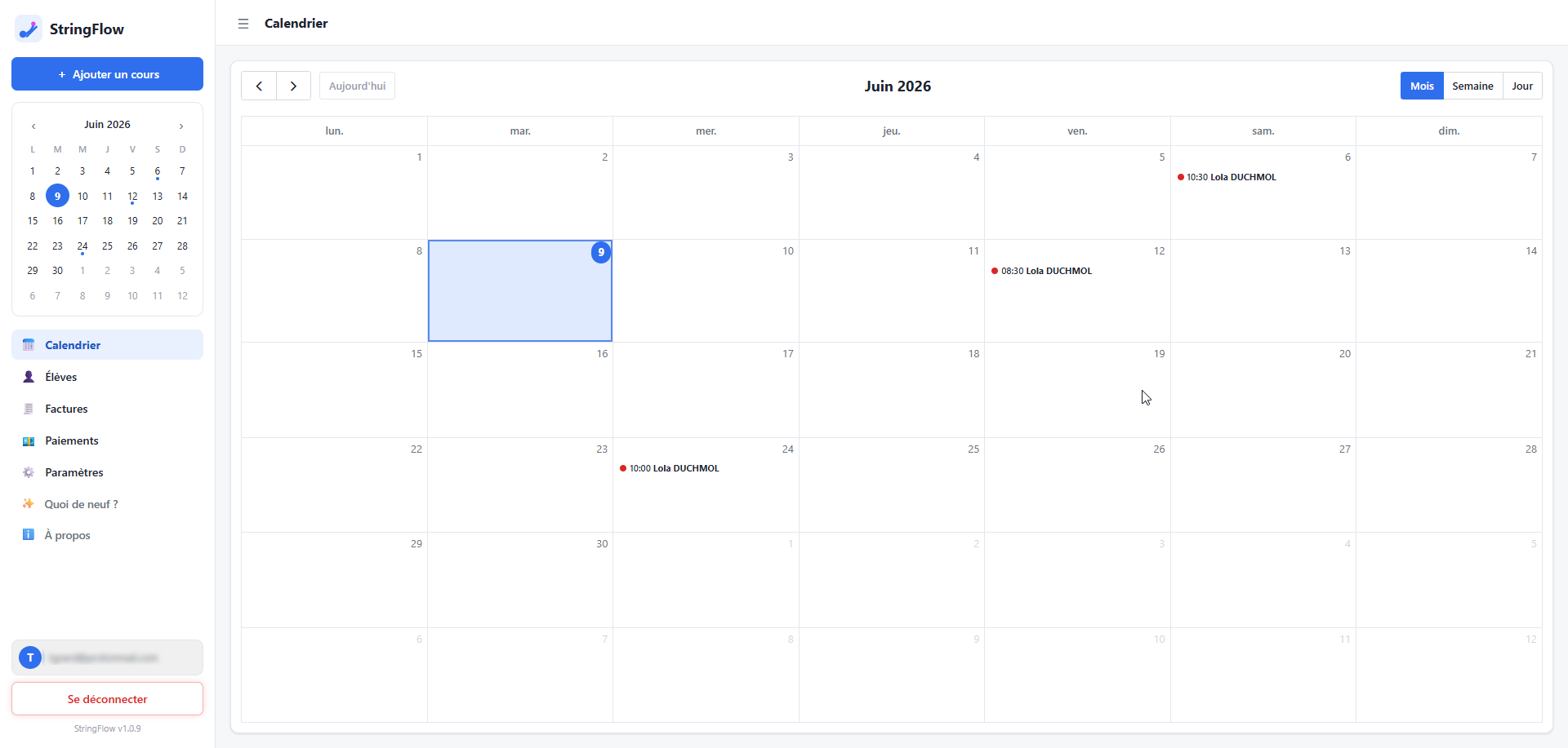 Calendrier des cours StringFlow