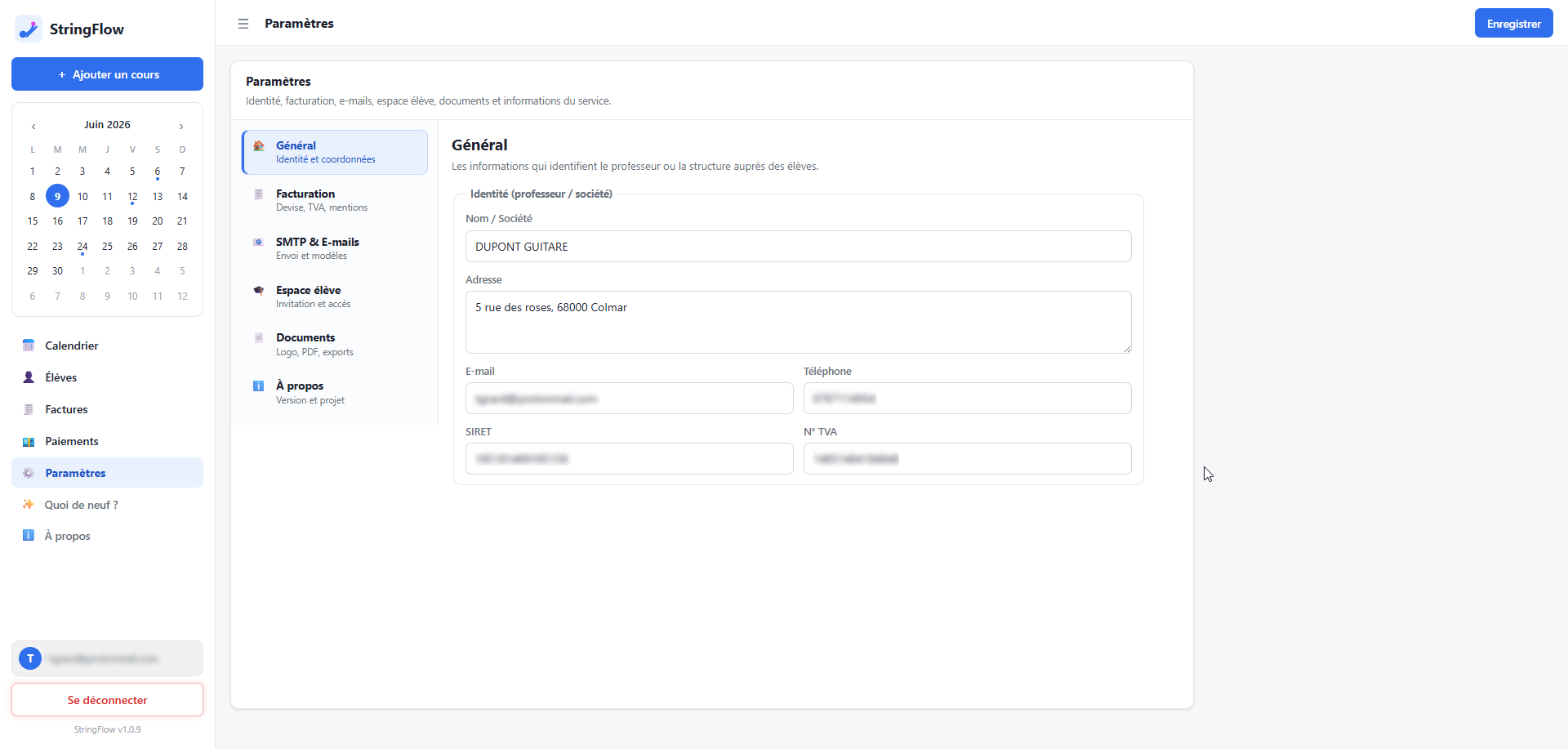 Paramètres et SMTP StringFlow